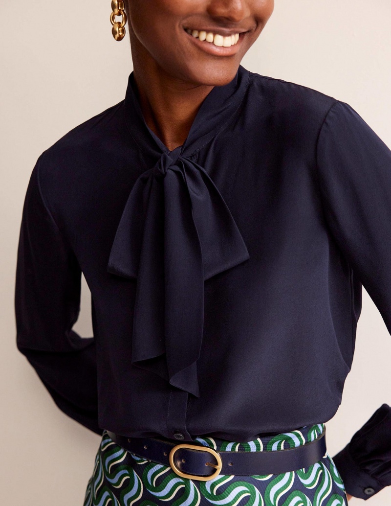Boden Bow-Neck Button-Down Blouse Oberteile Damen Navy | RTINP-7491
