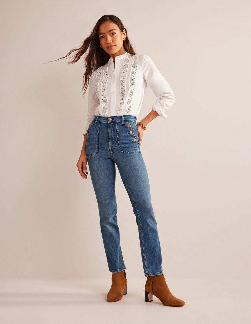 Boden Button Detail Gerade Jeans Damen Blau | XUCZI-5067