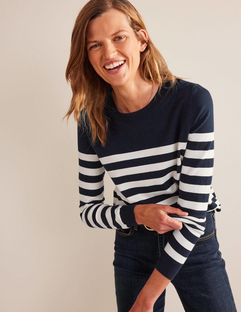 Boden Catriona Baumwoll Crew Pullover Damen Navy Weiß | YDFIM-2379