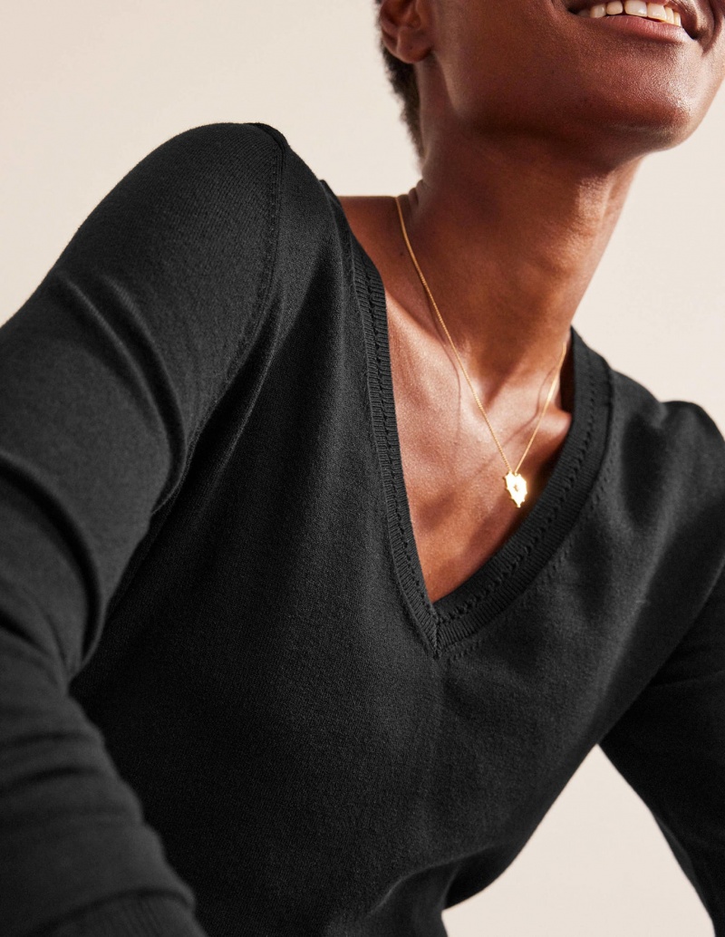 Boden Catriona Baumwoll V-Neck Pullover Damen Schwarz | LFGDH-5789