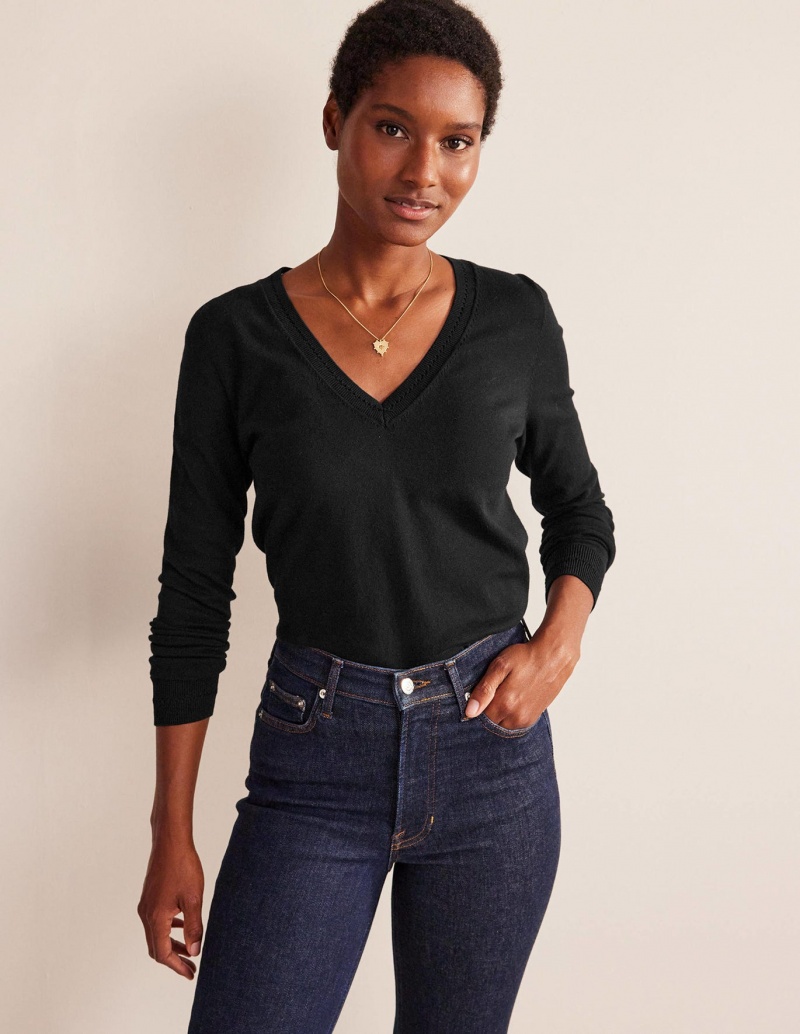 Boden Catriona Baumwoll V-Neck Pullover Damen Schwarz | LFGDH-5789