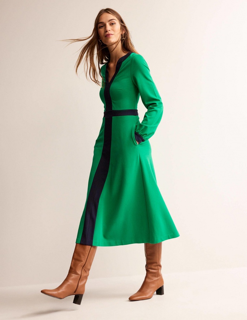 Boden Colourblock Ponte Midi Kleid Damen Grün Navy | JAVUB-6405