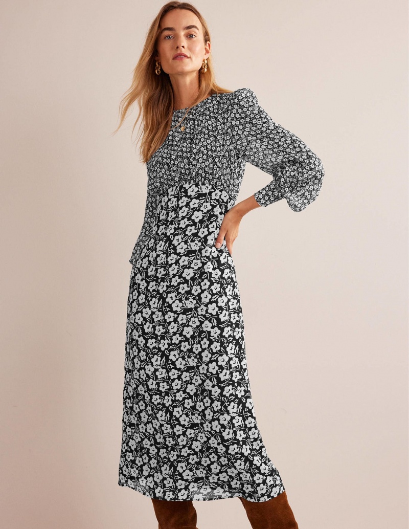 Boden Contrasting Midi Tea Kleid Damen Schwarz | QCZTE-2683