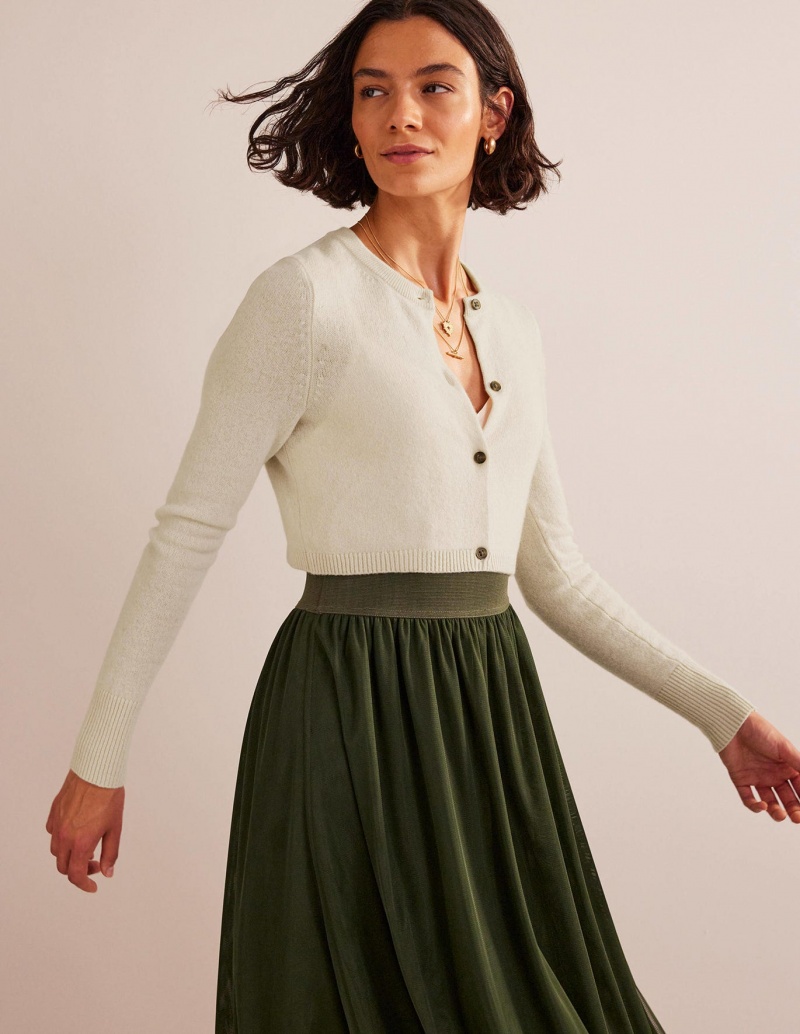 Boden Cropped Cashmere Crew Strickjacke Damen Weiß | SJVNQ-2318
