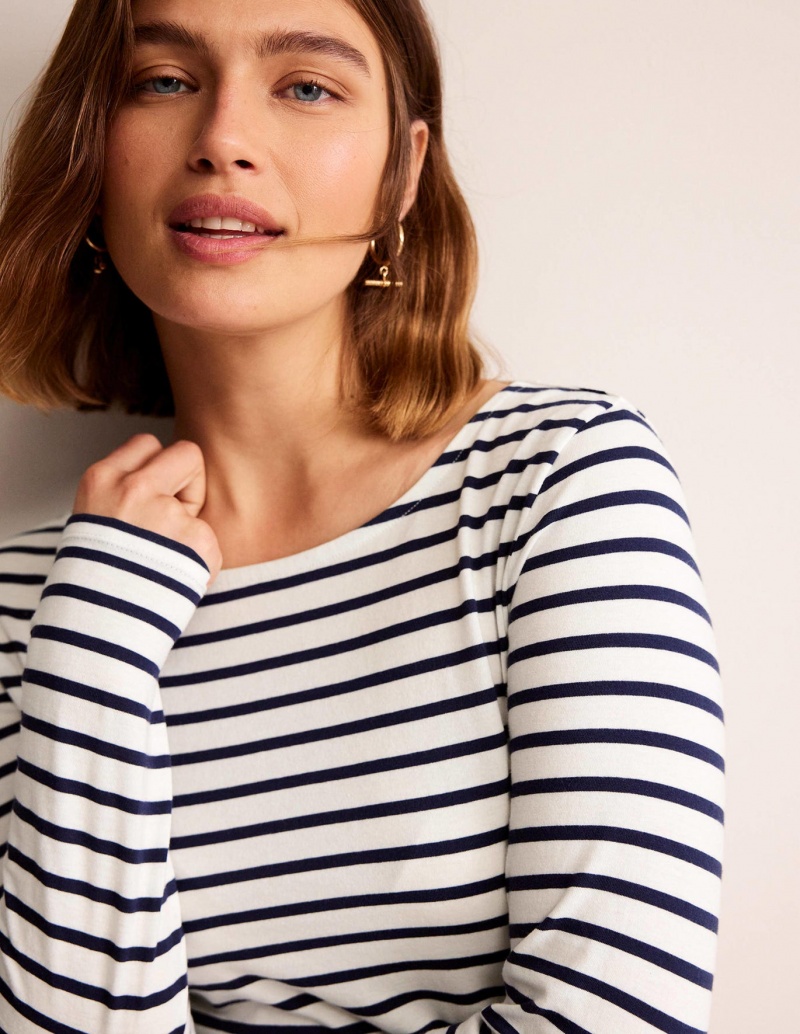 Boden Ella Long Sleeve Breton Oberteile Damen Weiß Navy | QLGTD-9748