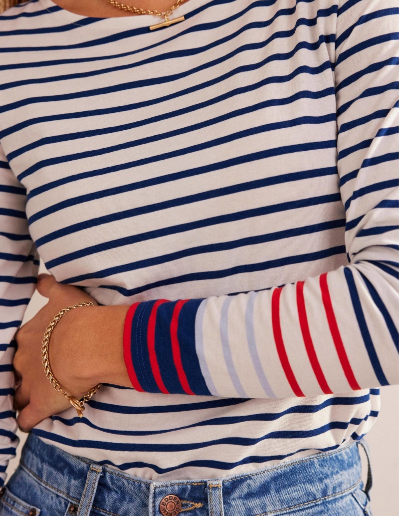 Boden Ella Long Sleeve Breton Oberteile Damen Blau Rot | NAZXP-8637