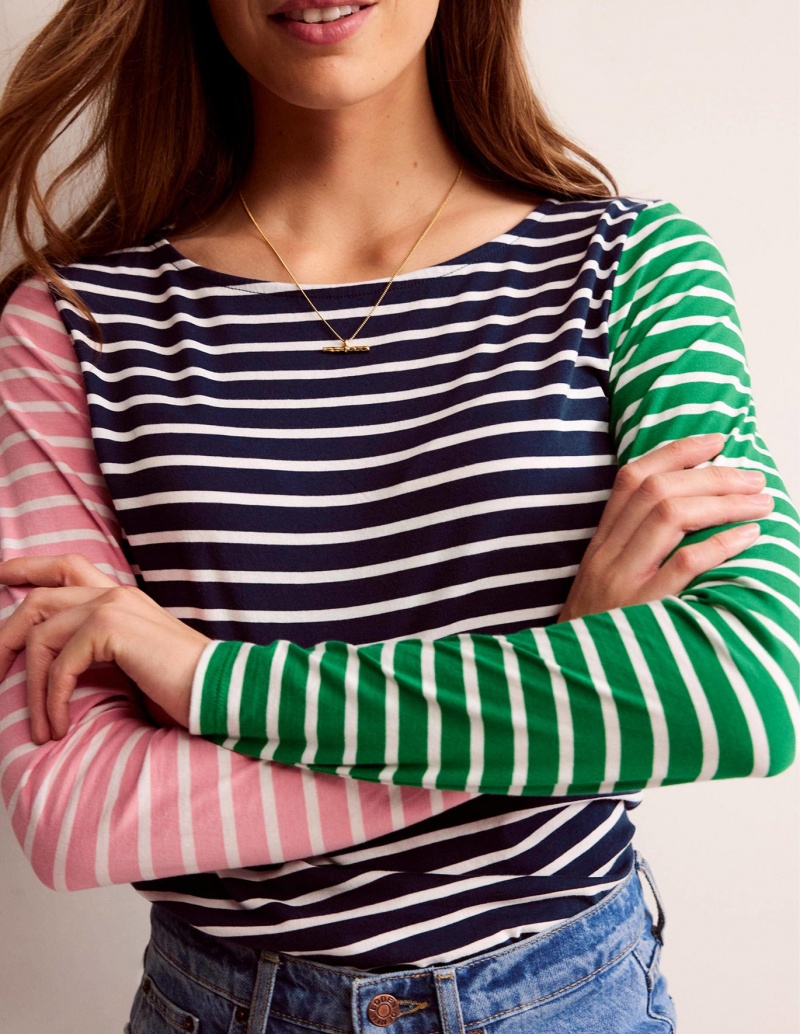 Boden Ella Long Sleeve Breton Oberteile Damen Grün Navy | MRIJK-3468