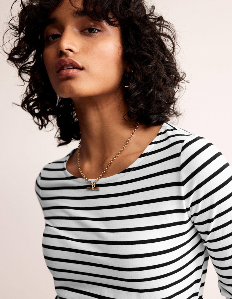 Boden Ella Long Sleeve Breton T shirts Damen Weiß Schwarz | DKIQS-0134