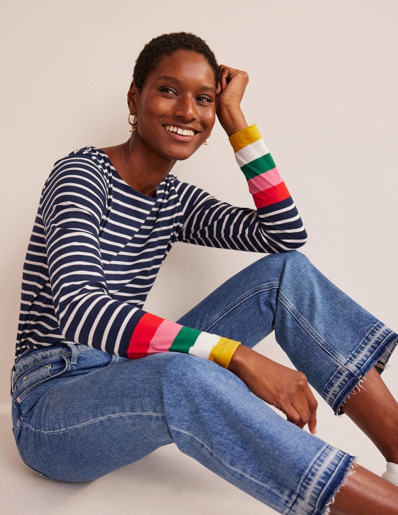 Boden Ella Long Sleeve Breton T shirts Damen Navy Mehrfarbig | IBYGO-6408