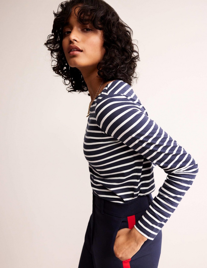 Boden Ella Long Sleeve Breton T shirts Damen Navy Weiß | WNMAO-4520