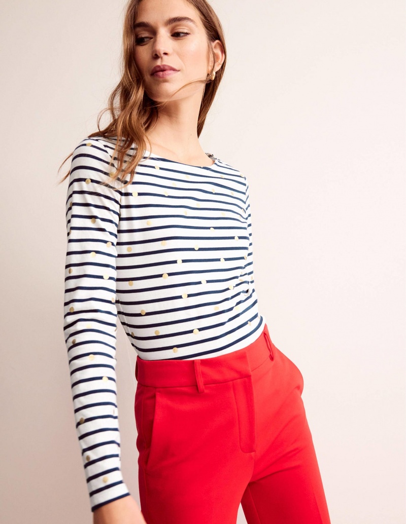 Boden Ella Long Sleeve Breton T shirts Damen Weiß Navy | INKRB-3290