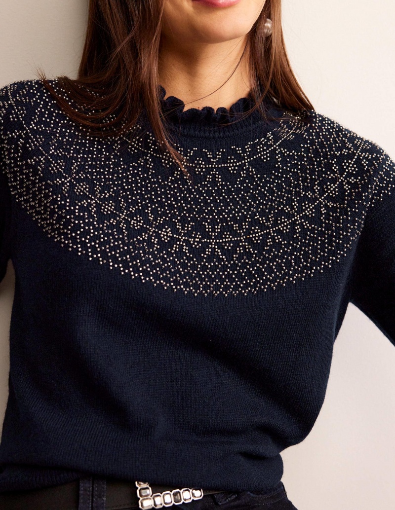 Boden Embellished Yoke Pullover Damen Navy | KJYSW-7813