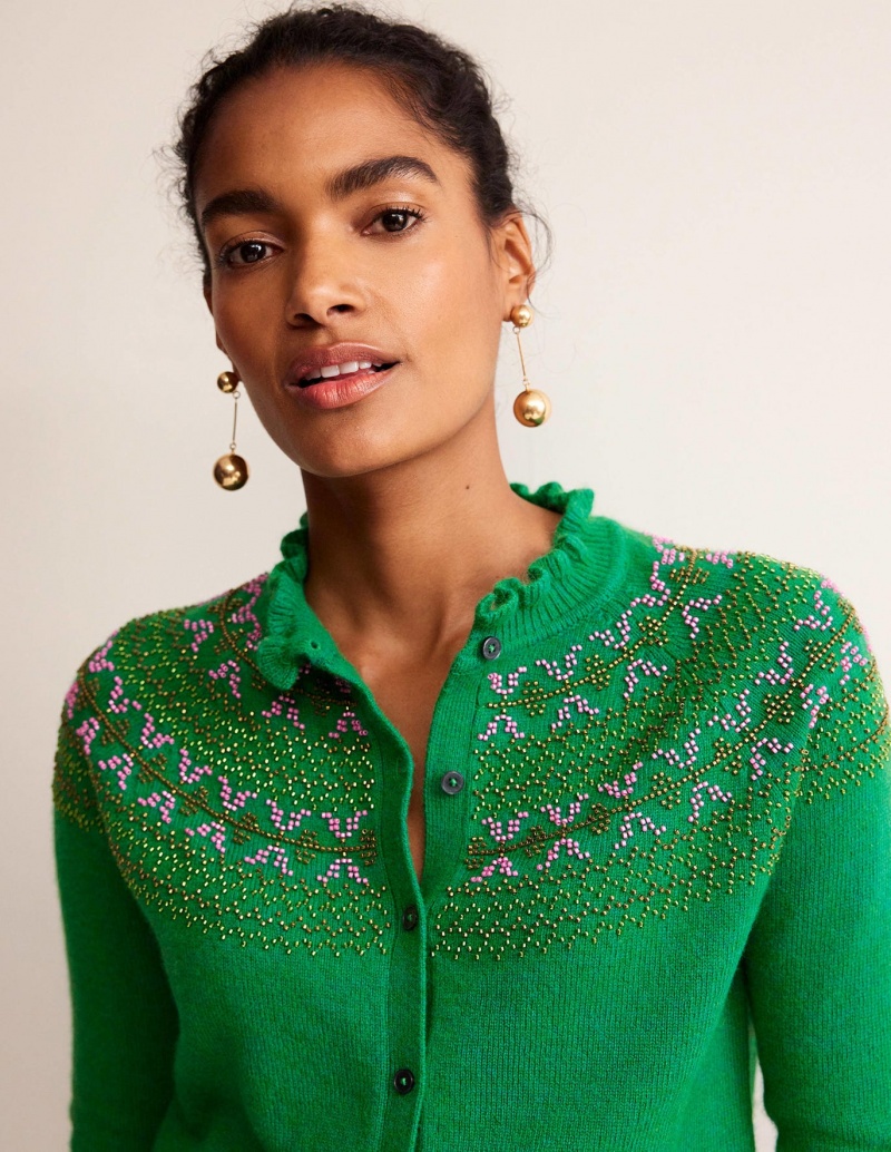 Boden Embellished Yoke Strickjacke Damen Grün | YGZHL-6823