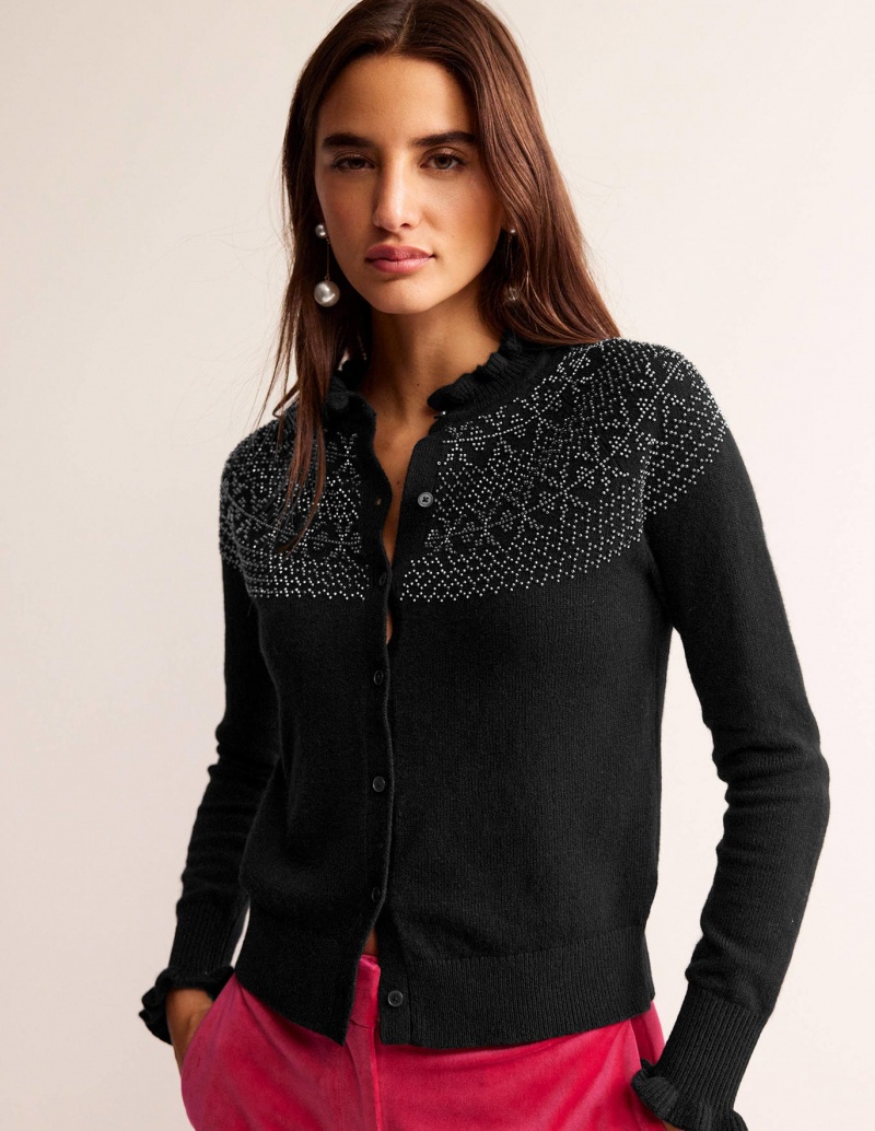 Boden Embellished Yoke Strickjacke Damen Schwarz | ORWFM-0493