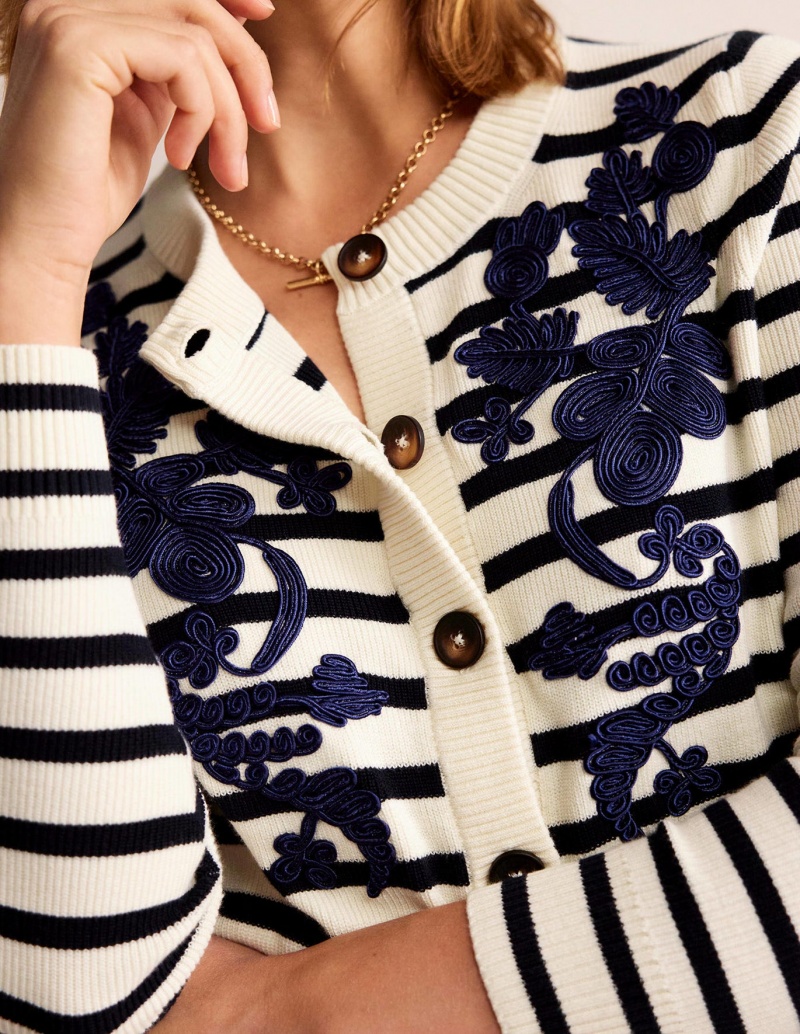 Boden Embroidered Strickjacke Damen Navy Weiß | DLIAU-7154
