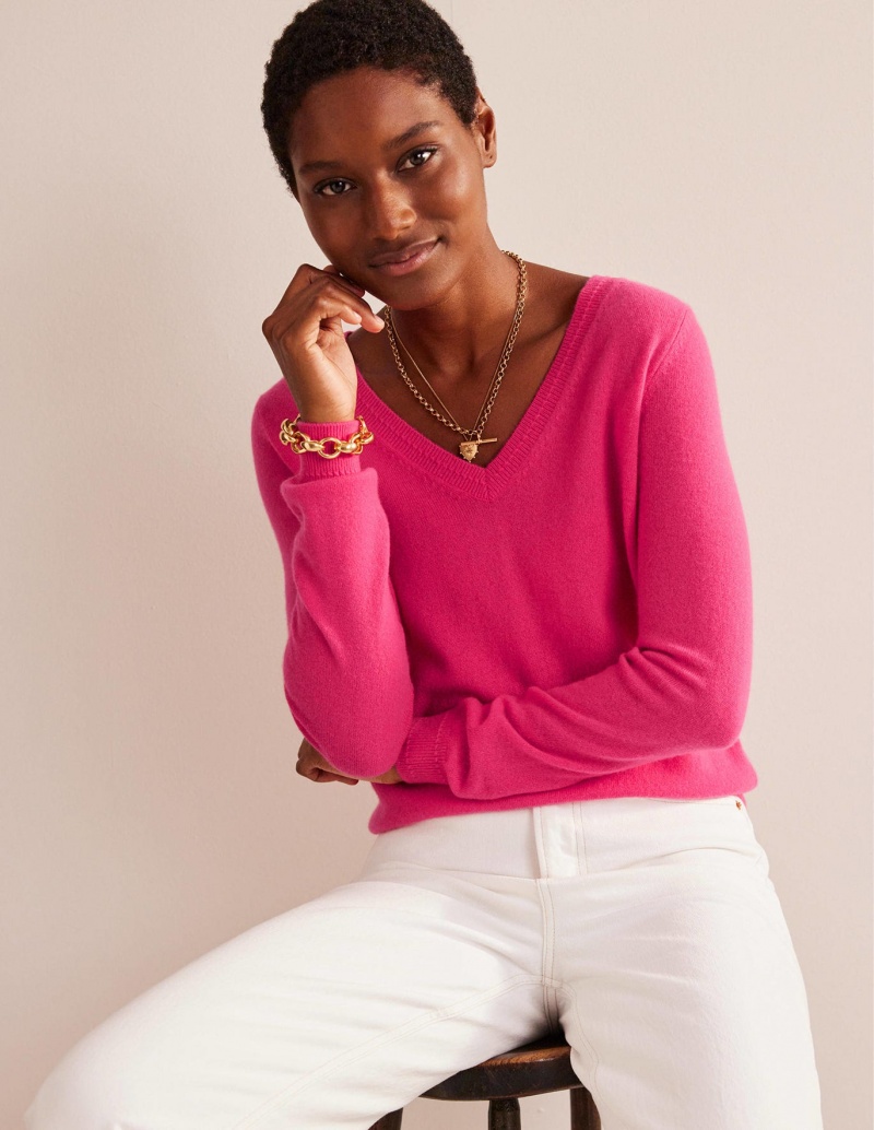 Boden Eva Cashmere V-Neck Pullover Damen Fuchsie | YXKTP-3270