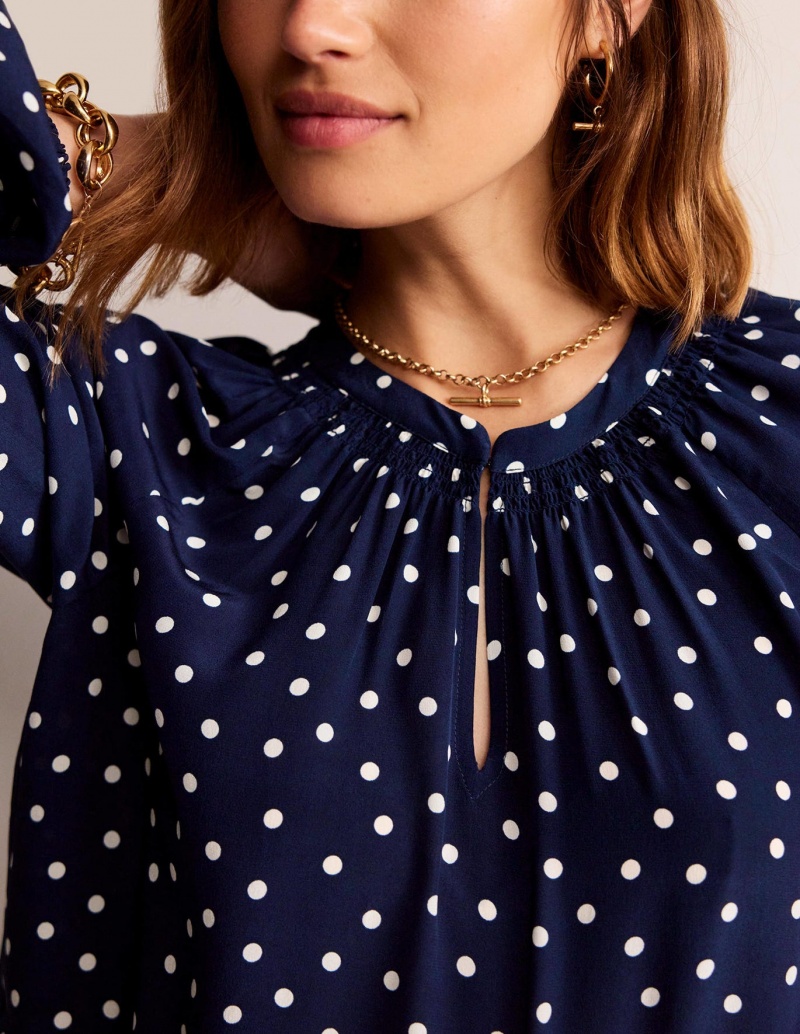 Boden Gathered Neck Silk Blouse Oberteile Damen Navy | JCHVI-4693