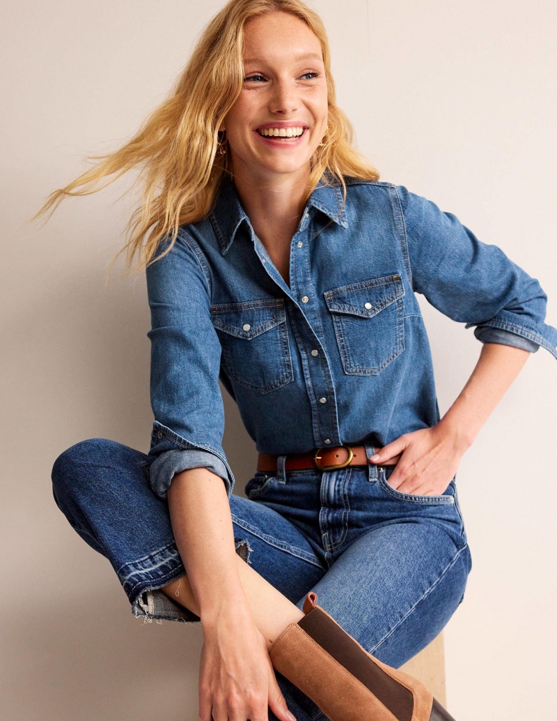 Boden Gerade-Fit Denim Hemd Damen Blau | XBLTV-7184