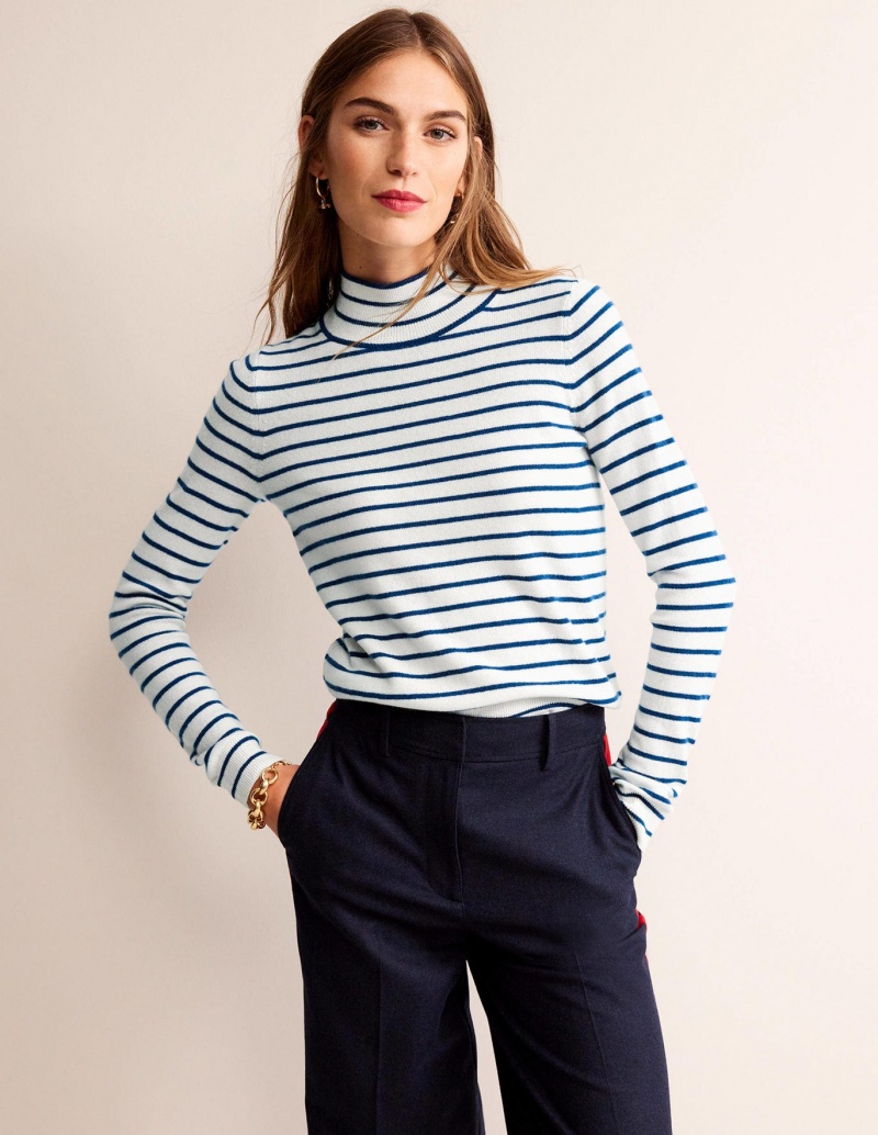 Boden Gestreift Cashmere Pullover Damen Weiß Navy | EMFOU-3847