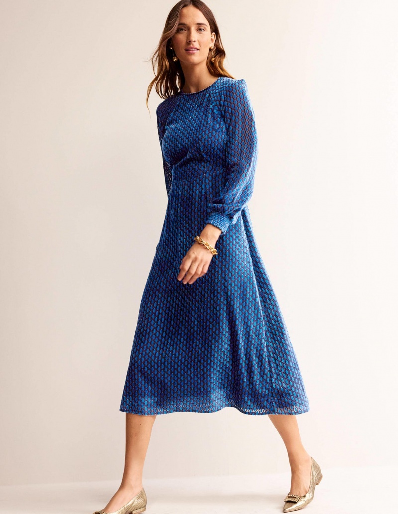 Boden Hotched Devore Midaxi Kleid Damen Tiefesblau | EKVIZ-6382