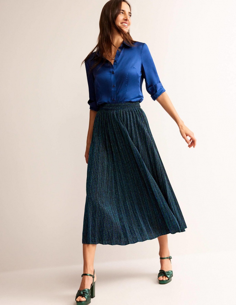 Boden Jersey Metallic Falten GolfSkirts Damen Grün Navy | EZGKJ-1258