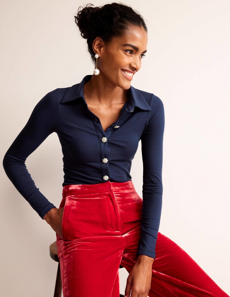 Boden Jewelled-Button Gerippt Hemd Damen Navy | OLCPM-2504