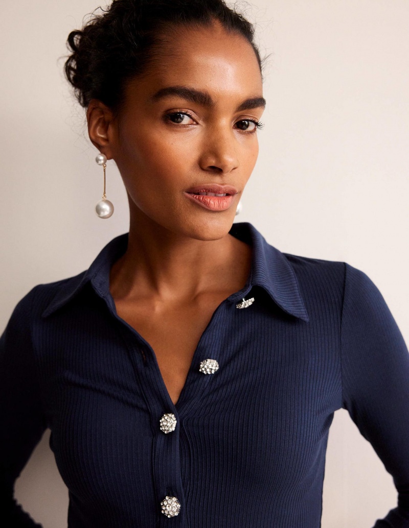 Boden Jewelled-Button Gerippt Hemd Damen Navy | OLCPM-2504