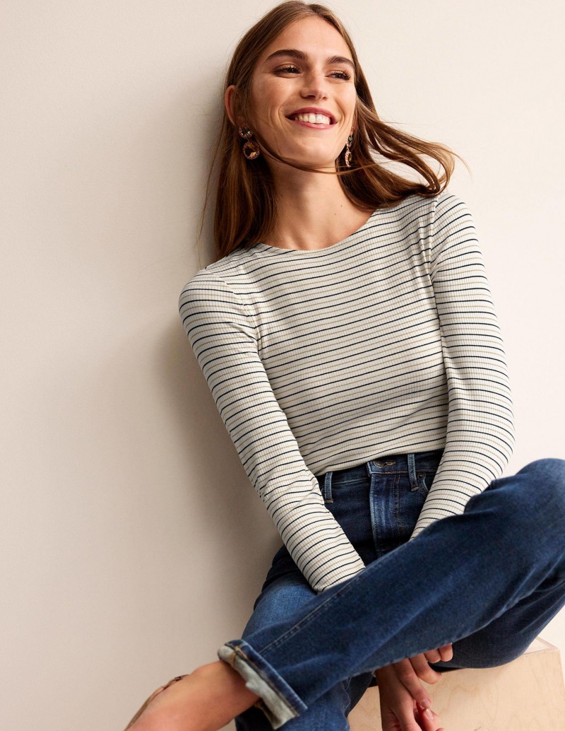 Boden Long Sleeve Metallic Oberteile Damen Weiß | TKQCY-8690