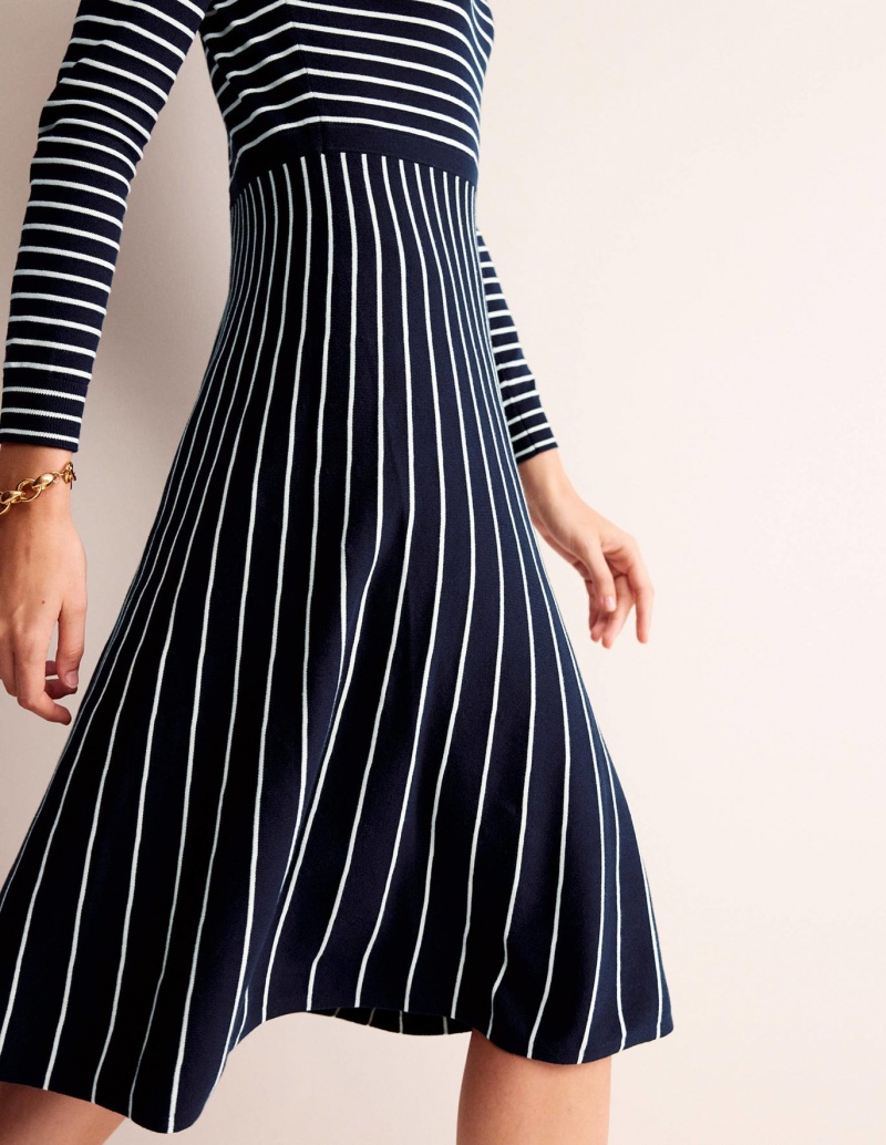 Boden Maria Gestrickt Midi Kleid Damen Navy Weiß | UCSGQ-4217