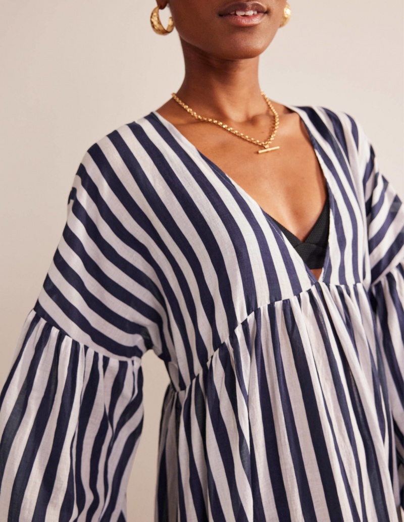 Boden Maxi Empire Beach Kaftan Kleid Damen Blau Weiß | MZJWI-4076