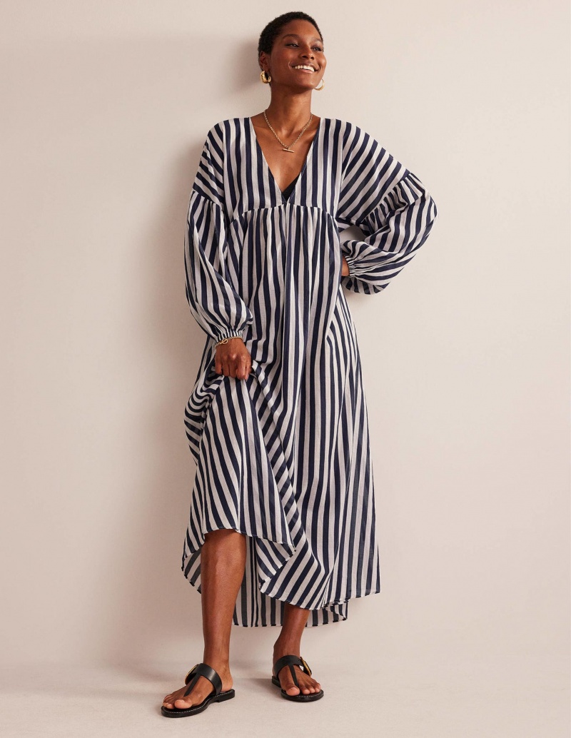 Boden Maxi Empire Beach Kaftan Kleid Damen Blau Weiß | MZJWI-4076