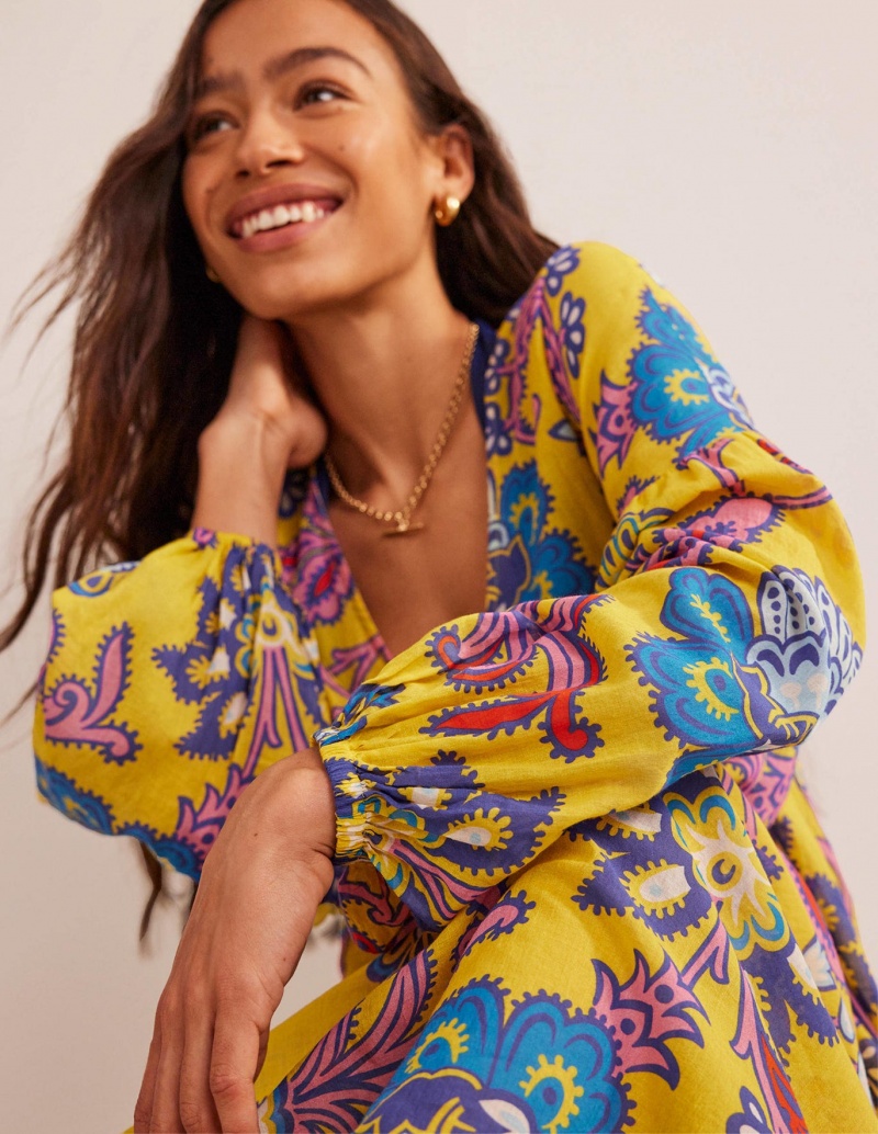 Boden Maxi Empire Beach Kaftan Kleid Damen Gelb | IAWOY-3076