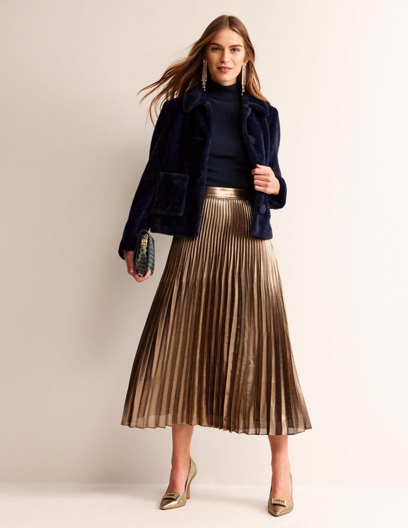 Boden Metallic Falten Midi GolfSkirts Damen Schwarz Gold | UERNL-6348