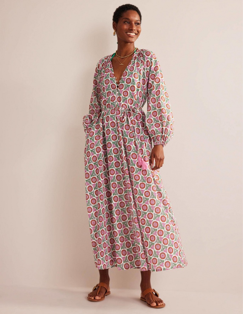 Boden Notch-Neck Baumwoll Maxi Kleid Damen Blumen | ARVJO-7965
