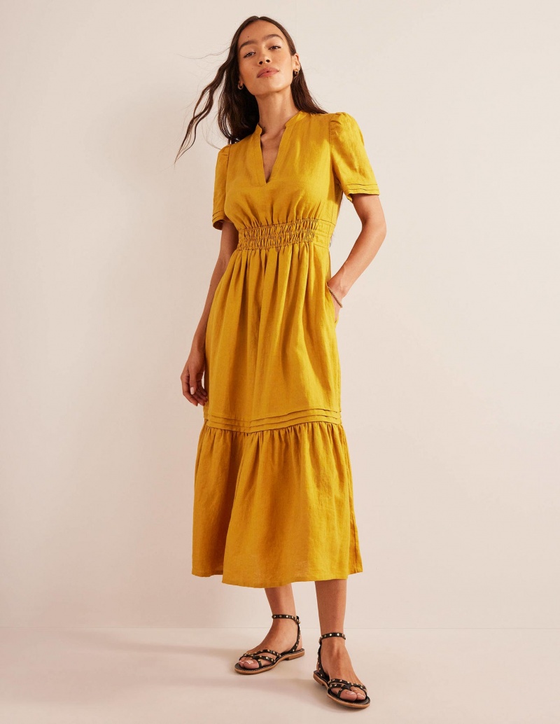 Boden Pintuck Detail Midi Kleid Damen Gold | IOHVR-2854