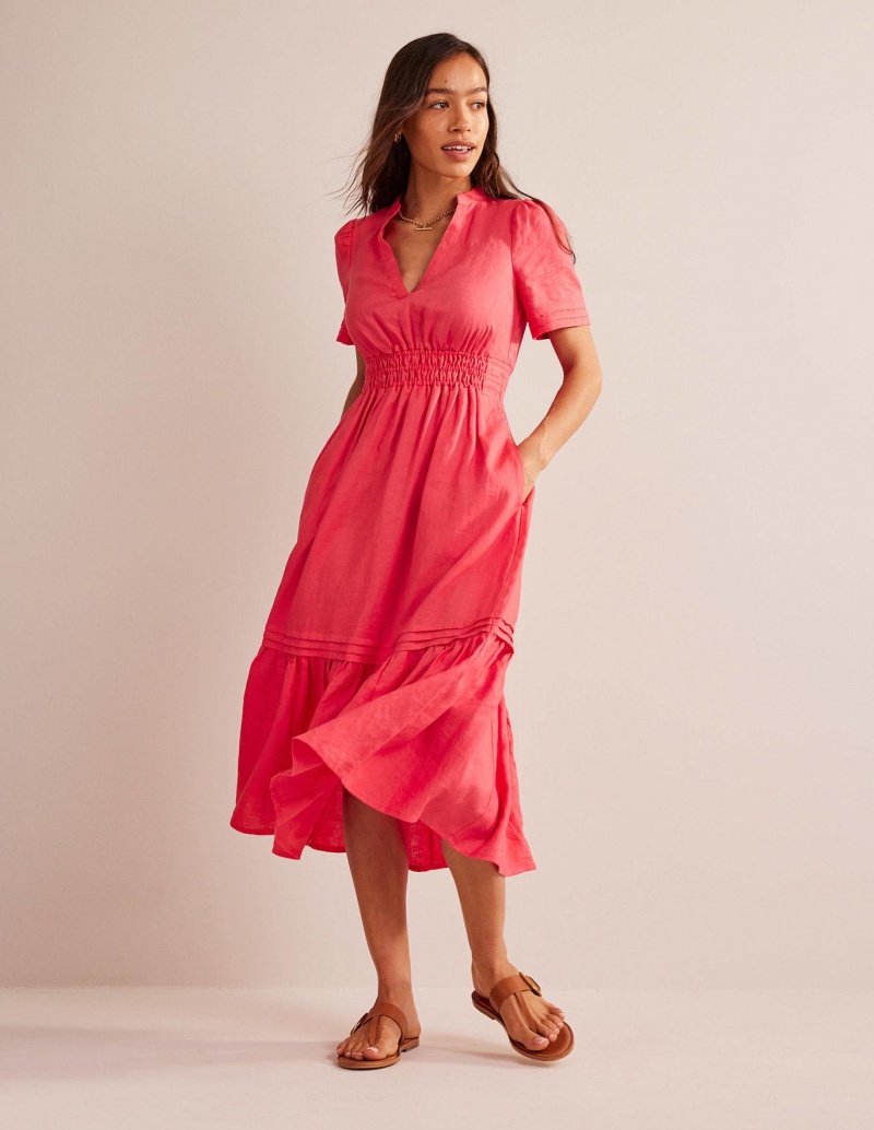 Boden Pintuck Detail Midi Kleid Damen Koralle | XPJTG-7062