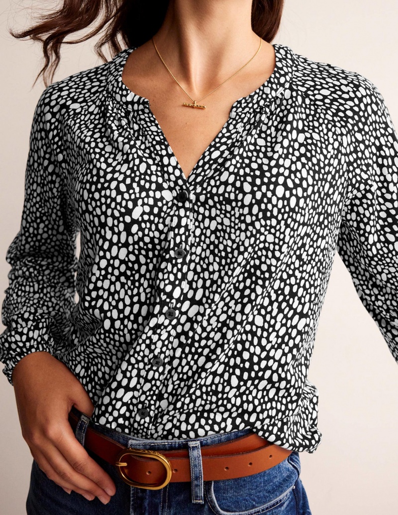 Boden Printed Gather-Detail Hemd Damen Schwarz | PXDKN-0472