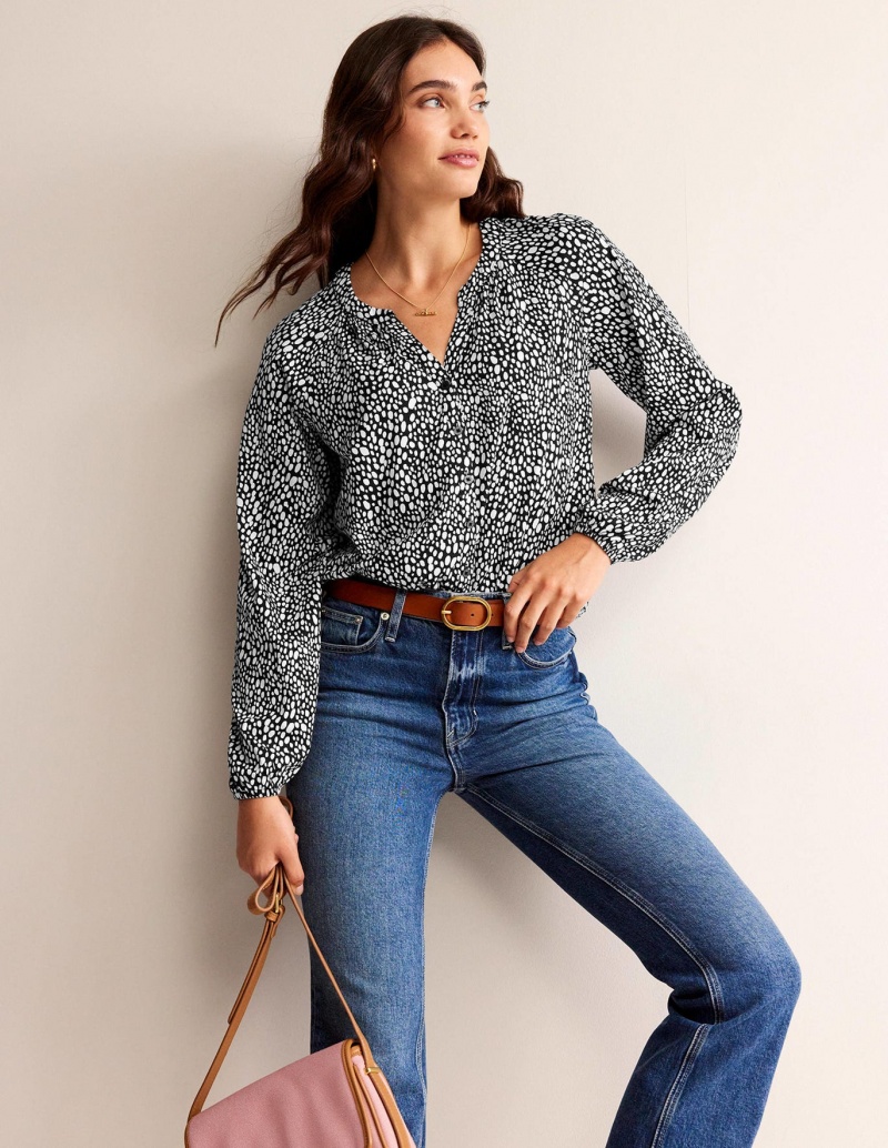 Boden Printed Gather-Detail Hemd Damen Schwarz | PXDKN-0472