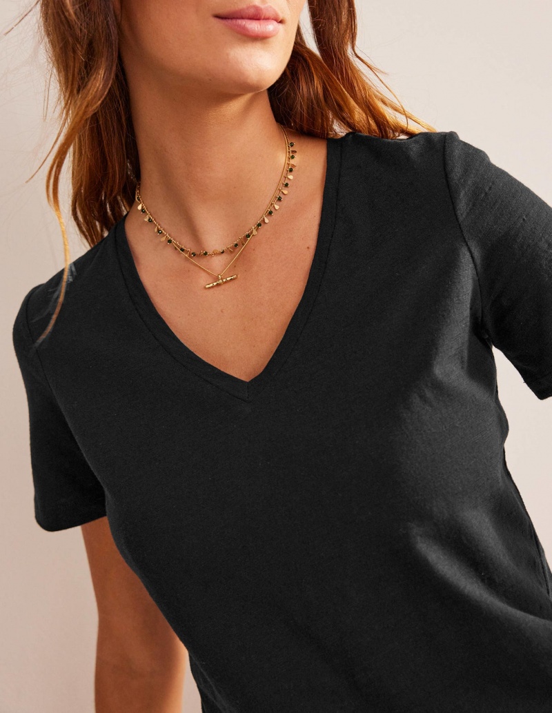 Boden Regular V-neck Slub T shirts Damen Schwarz | EVLIK-3895