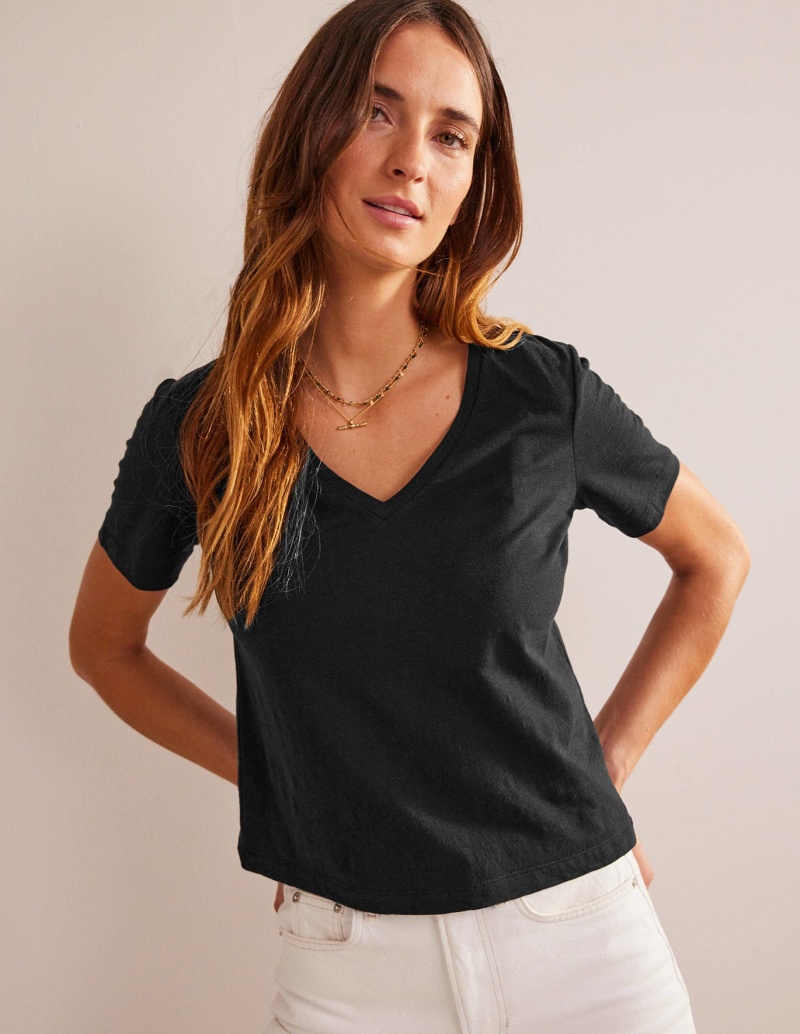 Boden Regular V-neck Slub T shirts Damen Schwarz | EVLIK-3895