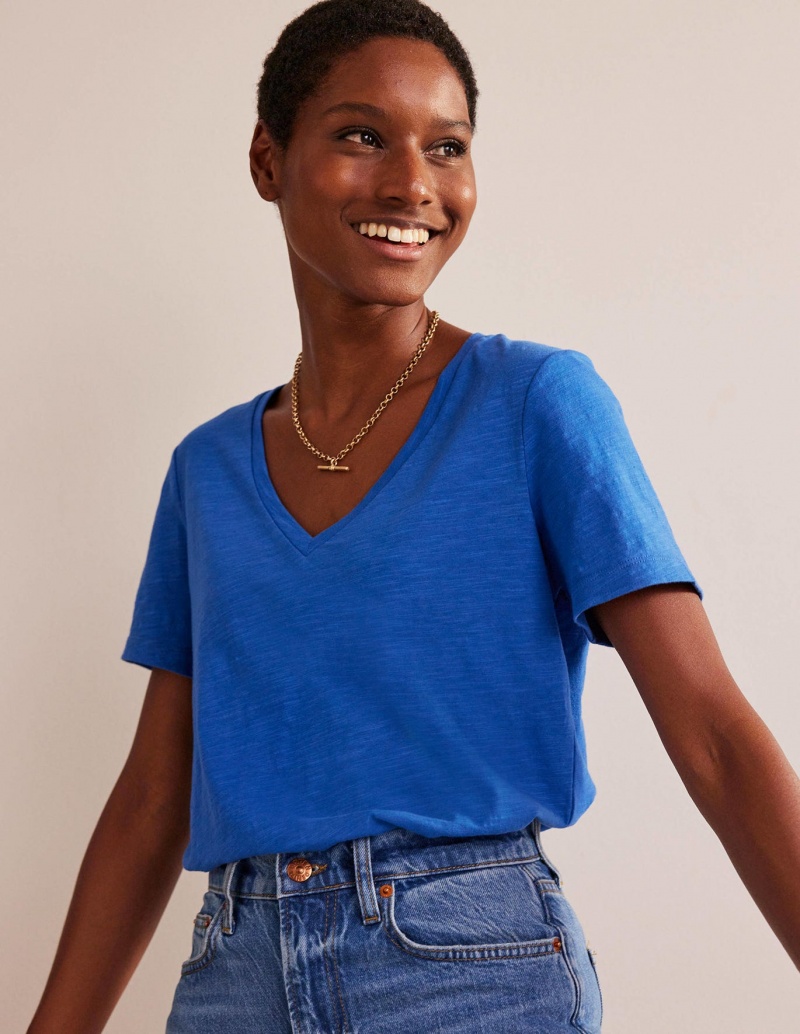 Boden Regular V-neck Slub T shirts Damen Blau | XWJRQ-2974