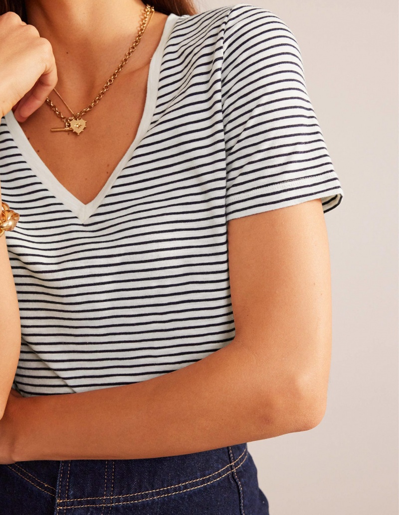 Boden Regular V-neck Slub T shirts Damen Weiß Navy | EKZCI-5896