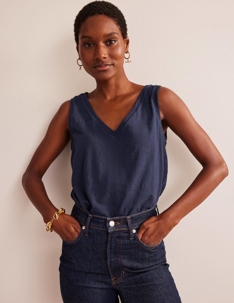 Boden Regular V-neck Slub Weste Damen Navy | HZMXV-8172