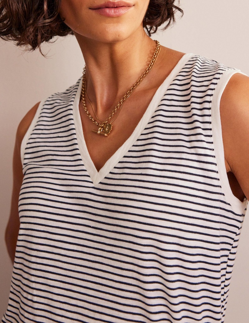 Boden Regular V-neck Slub Weste Damen Navy Weiß | BVJOI-6073