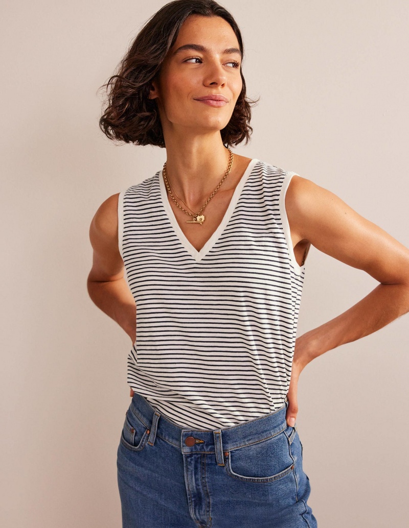 Boden Regular V-neck Slub Weste Damen Navy Weiß | BVJOI-6073