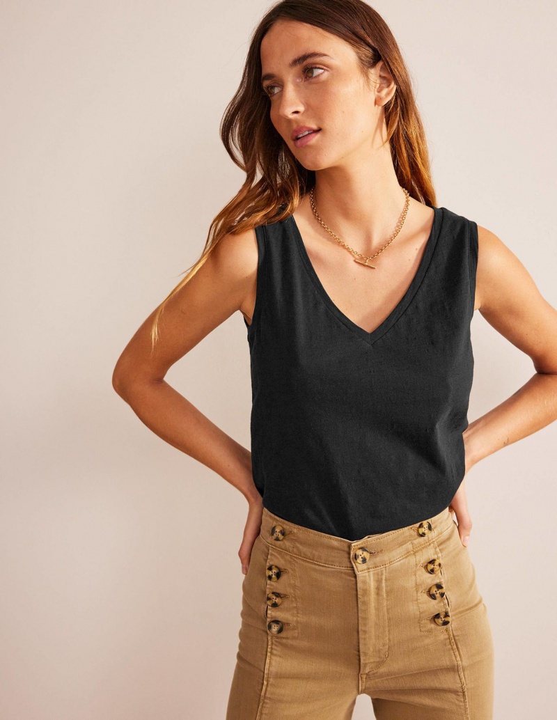 Boden Regular V-neck Slub Weste Damen Schwarz | ICANG-9857