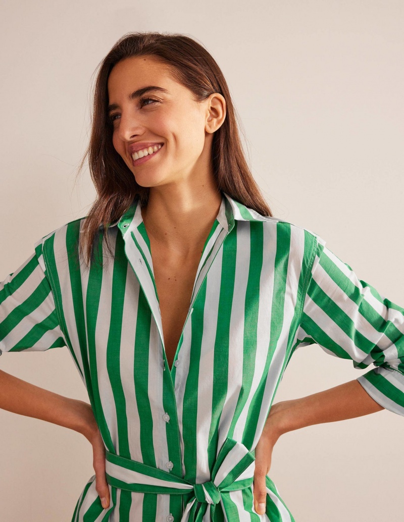 Boden Relaxed Baumwoll Shirts Kleid Damen Türkis Weiß | EXAGH-3075