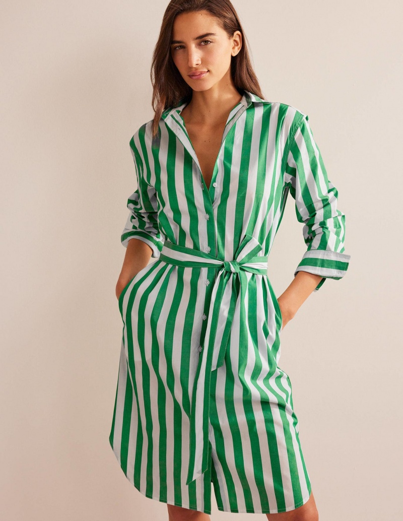 Boden Relaxed Baumwoll Shirts Kleid Damen Türkis Weiß | EXAGH-3075