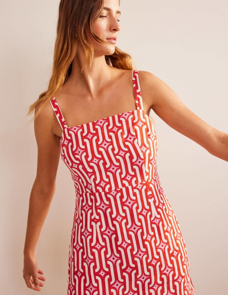Boden Riemchen Linen Mini Kleid Damen Orange Azurblau | YKWVZ-5136