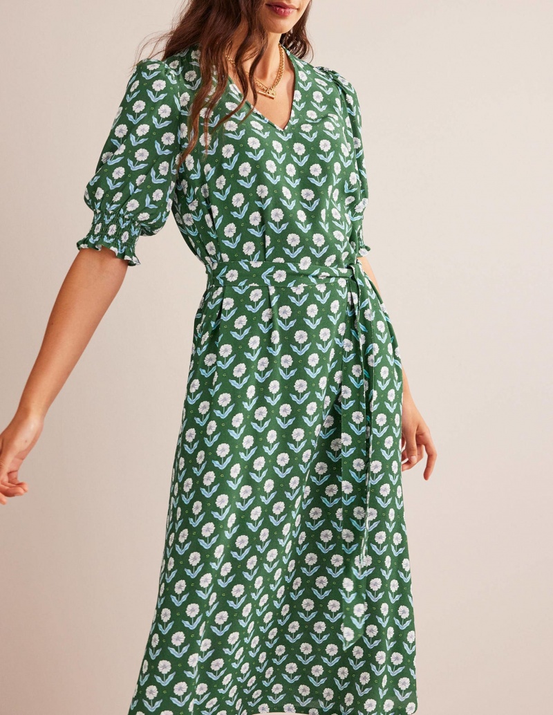 Boden Smocked Cuff Midi Kleid Damen Grün | OLIRF-8029